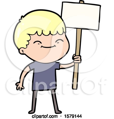Cartoon Smiling Boy with Placard by lineartestpilot