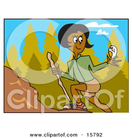 Athletic African American Woman Hiking Uphill With A Stick And An Owl On Her Finger Clipart Illustration by Andy Nortnik