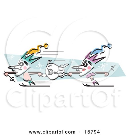 Couple Of Jesters Holding Onto A Dog And Skiing Clipart Illustration by Andy Nortnik