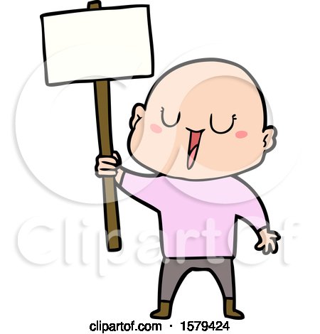 Happy Cartoon Bald Man with Sign by lineartestpilot