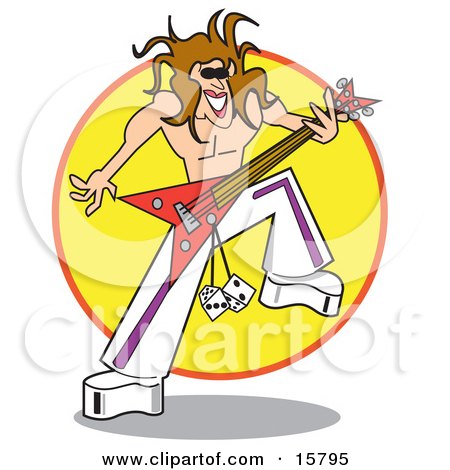Shirtless Man In A Rock Band, Playing An Electric Guitar With Dice During A Music Concert Clipart Illustration by Andy Nortnik