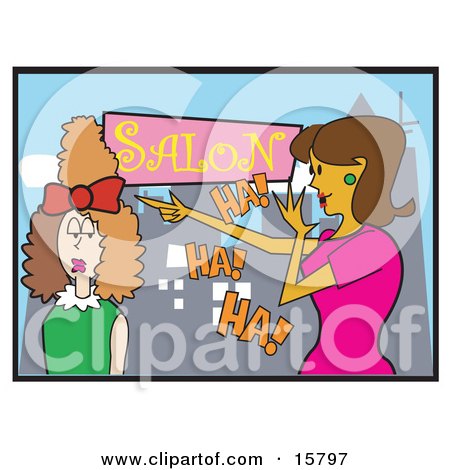 Woman Laughing At Another Woman Who Got A Bad Hairstyle In A Salon Clipart Illustration by Andy Nortnik