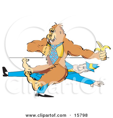 Gorilla Wearing A Tie And Eating A Banana While Sitting On A Businessman Clipart Illustration by Andy Nortnik