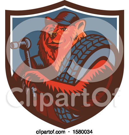 Clipart of a Retro Woodcut Eurasian Brown Bear Mechanic Holding a Socket Wrench and Tire in a Shield - Royalty Free Vector Illustration by patrimonio