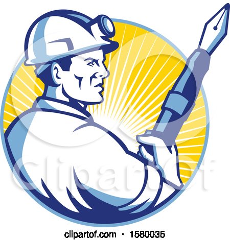 Clipart of a Retro Male Miner Holding a Giant Fountain Pen in a Sunset Circle - Royalty Free Vector Illustration by patrimonio