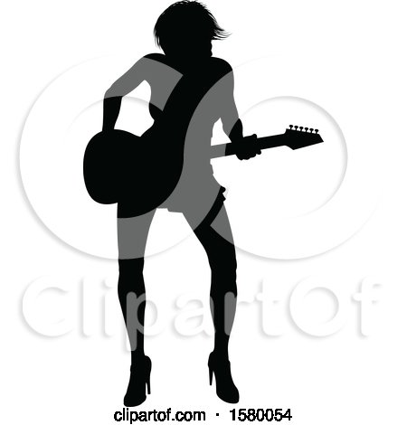Clipart of a Silhouetted Female Guitarist - Royalty Free Vector Illustration by AtStockIllustration