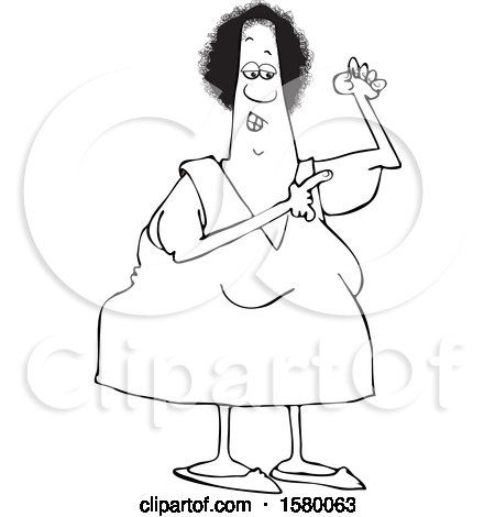 Clipart of a Cartoon Lineart Black Woman Pointing to Her Flabby Tricep - Royalty Free Vector Illustration by djart