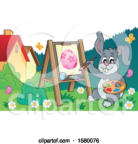 Clipart of a Happy Easter Bunny Painting an Egg - Royalty Free Vector Illustration by visekart