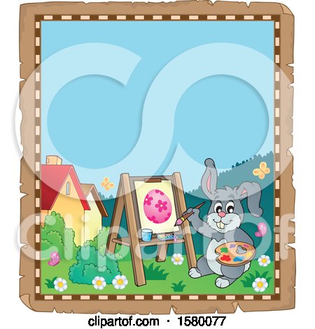 Clipart of a Parchment Border of an Easter Bunny Painting an Egg - Royalty Free Vector Illustration by visekart