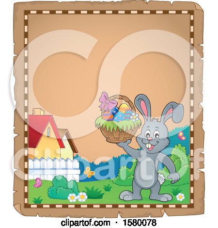 Clipart of a Parchment Border of an Easter Bunny Holding a Basket - Royalty Free Vector Illustration by visekart