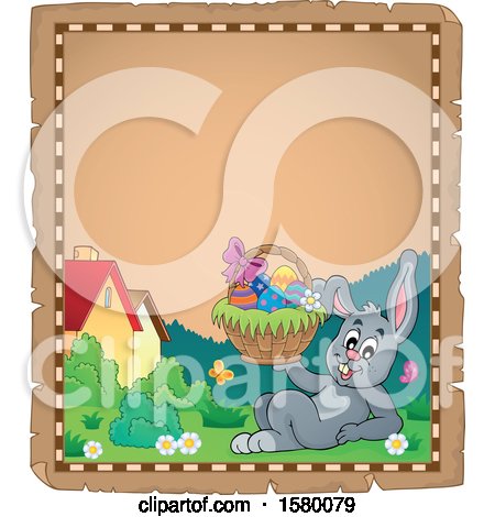 Clipart of a Parchment Border of an Easter Bunny Holding a Basket - Royalty Free Vector Illustration by visekart