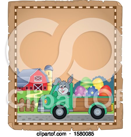 Clipart of a Parchment Border of an Easter Bunny Driving a Truck - Royalty Free Vector Illustration by visekart