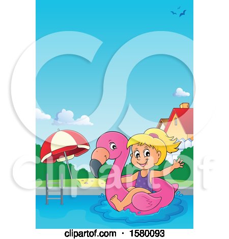 Clipart of a Girl on a Flamingo Swim Float in a Swimming Pool - Royalty Free Vector Illustration by visekart