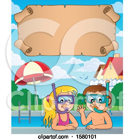 Clipart of a Parchment Scroll over a Boy and Girl Wearing Snorkel Masks - Royalty Free Vector Illustration by visekart