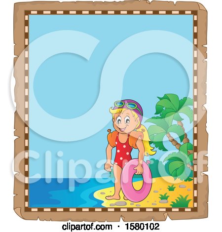 Clipart of a Parchment Border of a Girl with an Inner Tube on an Island Beach - Royalty Free Vector Illustration by visekart