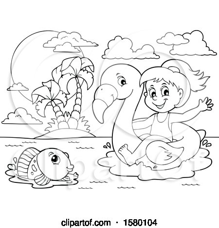 Clipart of a Black and White Girl on a Flamingo Swim Float near an Island - Royalty Free Vector Illustration by visekart