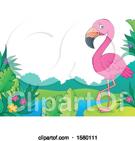 Clipart of a Pink Flamingo Bird on a Beach - Royalty Free Vector Illustration by visekart