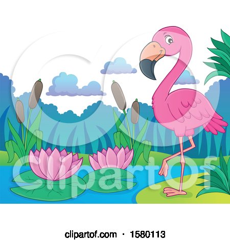 Clipart of a Pink Flamingo Bird on a Beach - Royalty Free Vector Illustration by visekart