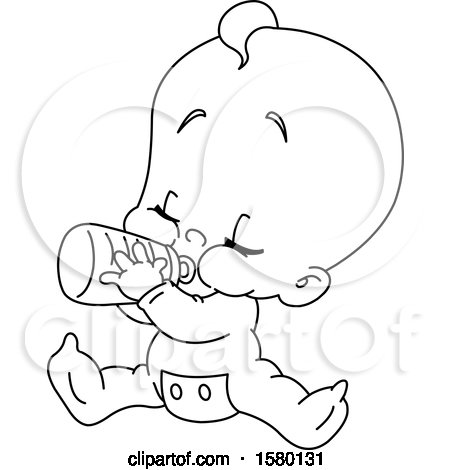 Clipart of a Cartoon Lineart Baby Sitting and Drinking from a Bottle - Royalty Free Vector Illustration by yayayoyo