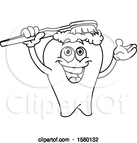 Clipart of a Cartoon Lineart Tooth Brushing Itself - Royalty Free Vector Illustration by yayayoyo