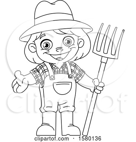 Clipart of a Cartoon Lineart Farmer Kid with a Pitchfork - Royalty Free Vector Illustration by yayayoyo