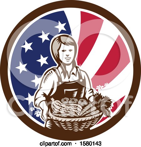 Clipart of a Retro Woodcut Female Farmer Holding a Basket of Produce in an American Flag Circle - Royalty Free Vector Illustration by patrimonio