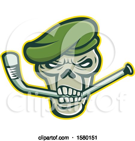 Clipart of a Green Beret Skull Sports Mascot Biting an Ice Hockey Stick - Royalty Free Vector Illustration by patrimonio