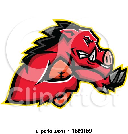Clipart of a Tough Red Wild Boar Pig Sports Mascot Running with an American Football - Royalty Free Vector Illustration by patrimonio