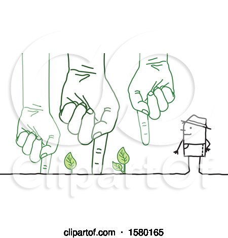Clipart of a Stick Man Farmer with Giant Hands with Leaves - Royalty Free Vector Illustration by NL shop