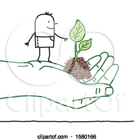 Clipart of a Stick Man Farmer on a Giant Hand with Soil and a Plant - Royalty Free Vector Illustration by NL shop