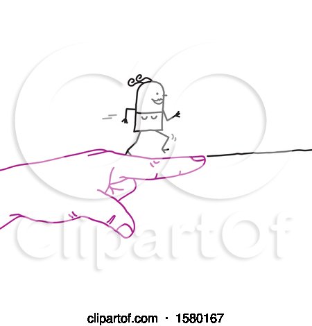 Clipart of a Stick Woman Running Forward on a Giant Pointing Hand - Royalty Free Vector Illustration by NL shop