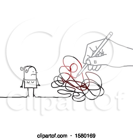 Clipart of a Stick Woman with a Giant Hand and Scribbles - Royalty Free Vector Illustration by NL shop