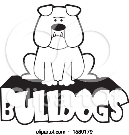Clipart of a Cartoon Black and White Bulldog with Jowls, Sitting on Text - Royalty Free Vector Illustration by Johnny Sajem