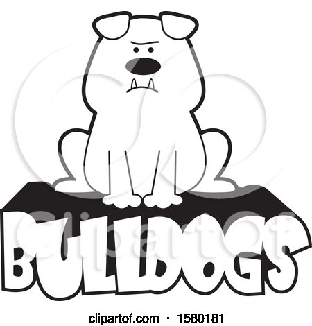 Clipart of a Cartoon Black and White Bulldog Sitting on Text - Royalty Free Vector Illustration by Johnny Sajem