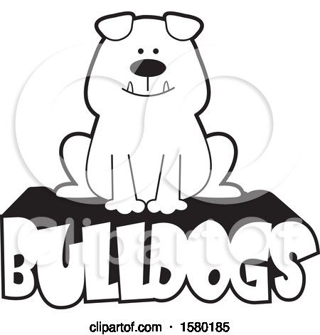 Clipart of a Cartoon Black and White Happy Bulldog Sitting on Text - Royalty Free Vector Illustration by Johnny Sajem