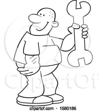 Clipart of a Cartoon Lineart Happy Man Holding a Giant Spanner Wrench - Royalty Free Vector Illustration by Johnny Sajem