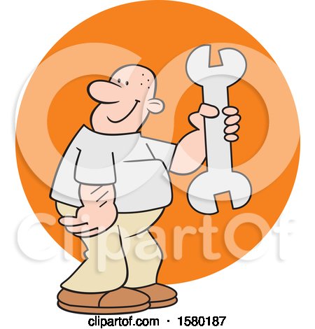 Clipart of a Cartoon Man Holding a Giant Spanner Wrench over a Circle - Royalty Free Vector Illustration by Johnny Sajem