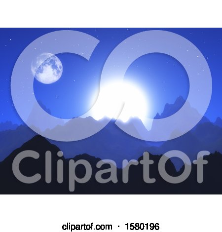 Clipart of a 3d Landscape with Mountains and Moon and Sun - Royalty Free Illustration by KJ Pargeter