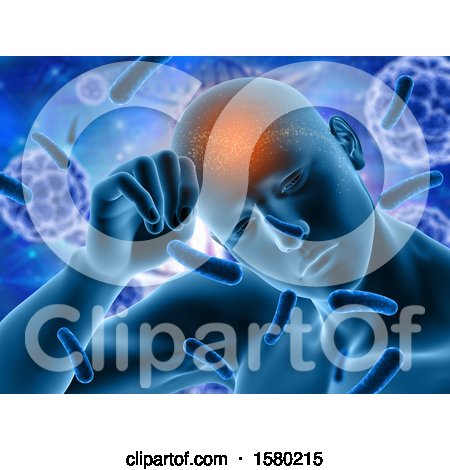 Clipart of a 3d Man with a Highlighted Brain and Virus Cells - Royalty Free Illustration by KJ Pargeter