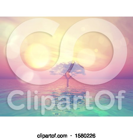 Clipart of a 3d Silhouetted Tree in the Ocean at Sunset - Royalty Free Illustration by KJ Pargeter