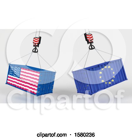 Clipart of 3d Hoisted Shipping Containers with American and European Flags - Royalty Free Illustration by KJ Pargeter