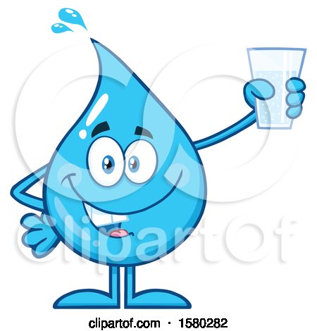 Clipart of a Water Drop Mascot Character Holding a Glass - Royalty Free Vector Illustration by Hit Toon