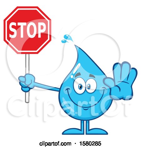 Clipart of a Water Drop Mascot Character Holding a Stop Sign - Royalty Free Vector Illustration by Hit Toon
