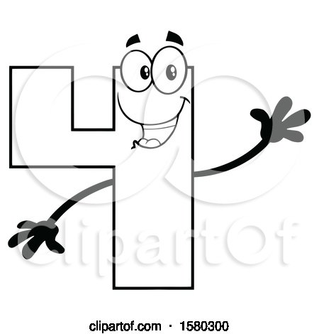 Clipart of a Black and White Number Four Mascot Character Waving - Royalty Free Vector Illustration by Hit Toon