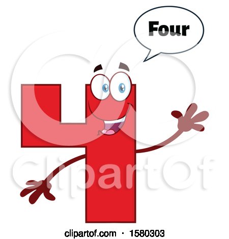 Clipart of a Red Number Four Mascot Character Saying 4 and Waving - Royalty Free Vector Illustration by Hit Toon