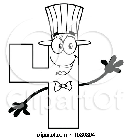 Clipart of a Black and White Patriotic American Number Four Mascot Character Waving - Royalty Free Vector Illustration by Hit Toon