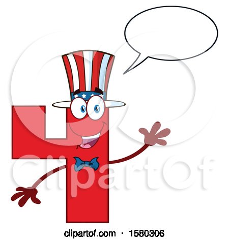 Clipart of a Patriotic American Number Four Mascot Character Talking and Waving - Royalty Free Vector Illustration by Hit Toon