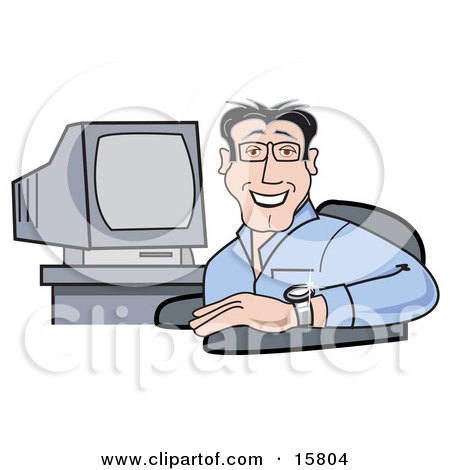 Friendly Male Computer Programmer Or Graphic Designer Seated In Front Of A Computer Clipart Illustration by Andy Nortnik