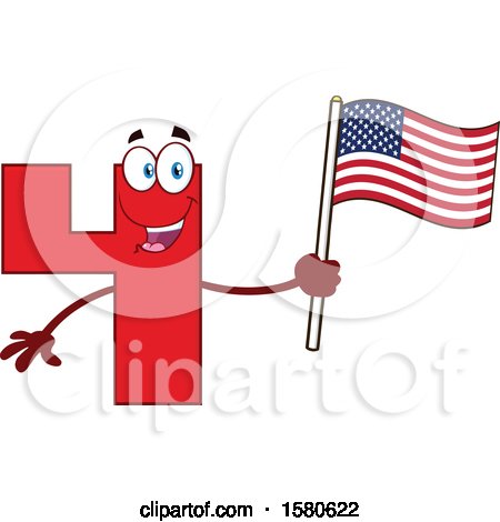 Clipart of a Red Number Four Mascot Character Holding an American Flag - Royalty Free Vector Illustration by Hit Toon