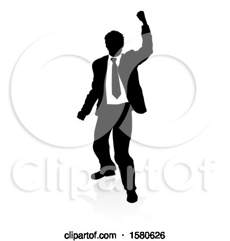 Clipart of a Silhouetted Business Man Cheering, with a Reflection or Shadow, on a White Background - Royalty Free Vector Illustration by AtStockIllustration
